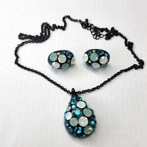 Teal BlueTeardrop Pendant Necklace with Earrings